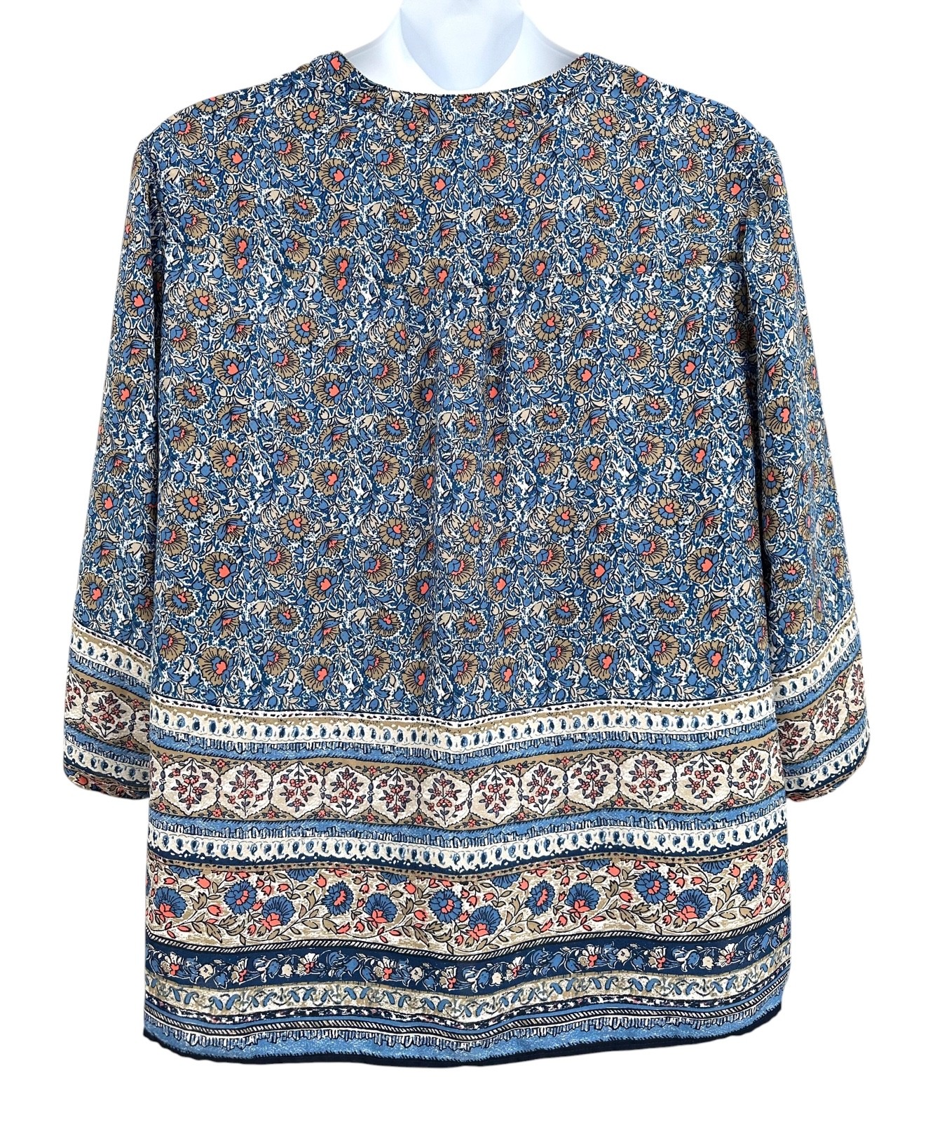 Westport 1962 Peasant Tunic Top Blue Floral Beaded V-Neck 3/4 Sleeves Women’s 3X
