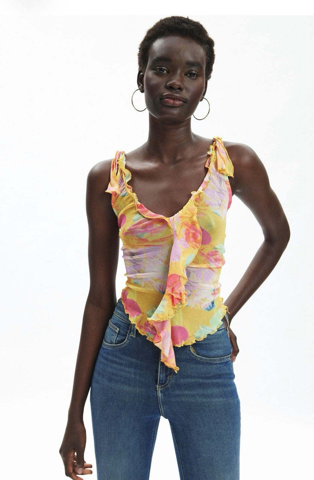 Jaded London Frilled Asymmetric Top in Yellow Floral Rave Festival Size 8
