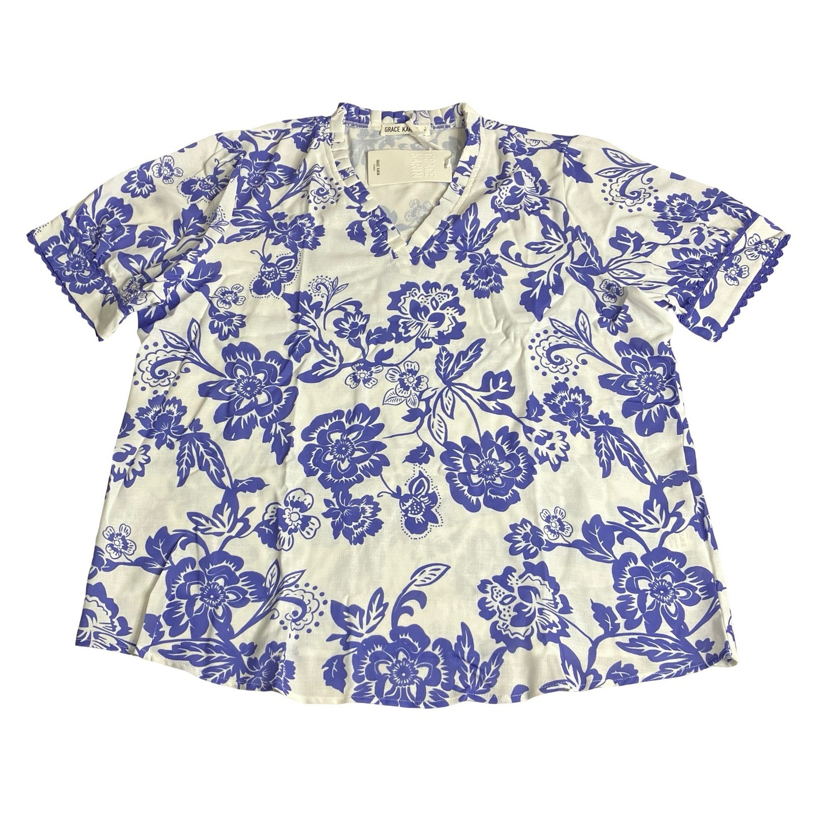 Grace Karin Floral Top Women XL Blue White Ruffle VNeck Crochet Trim Boho Blouse