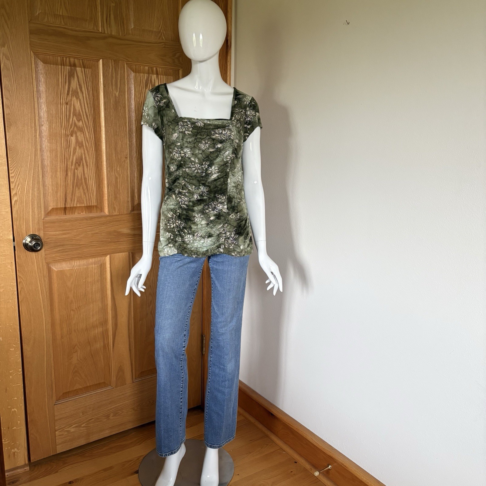 dressbarn Green Floral Ruched Square Neck Cap Sleeve Knit Stretch Blouse M