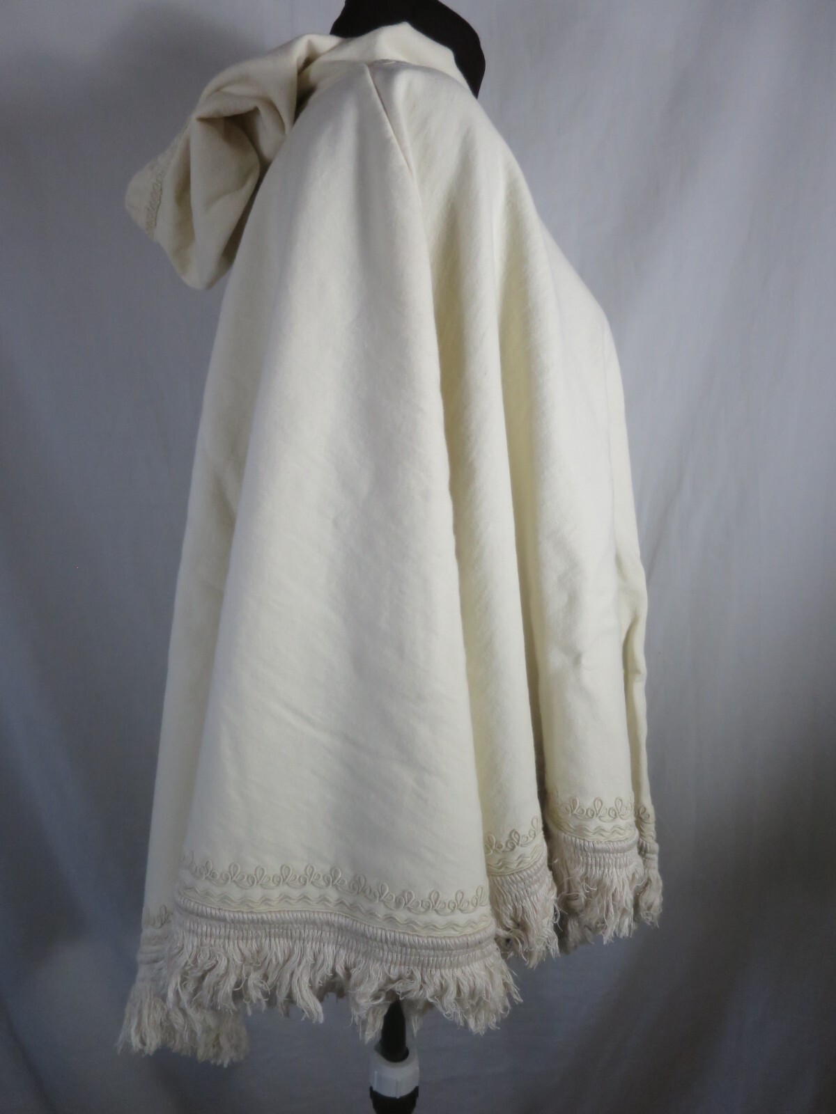 Lucky Hooded Poncho Cream Medium Weight Cotton Wood Beads Fringe Ties One Size