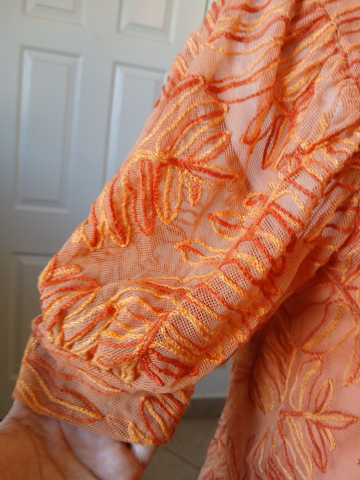 Kim & Cami S Coral Mesh Leaf Embroidered Puff Sleeve Sheer Blouse