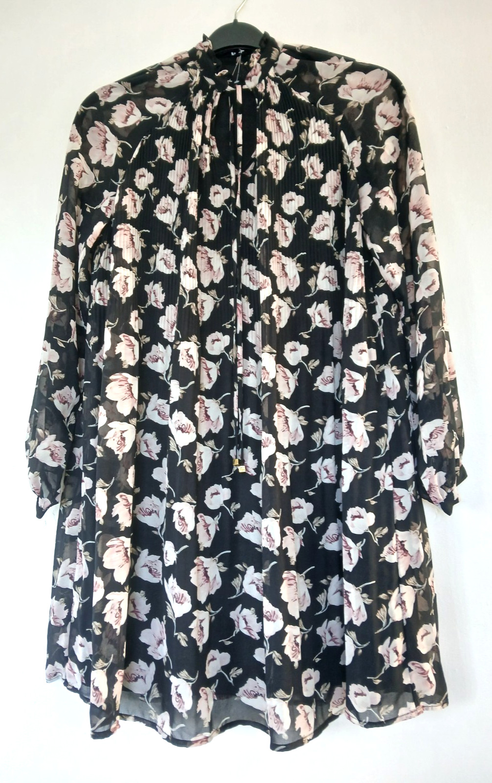 Very Long Chiffon Evening/Occasion Top/Dress in Black & Floral Design, Size 12
