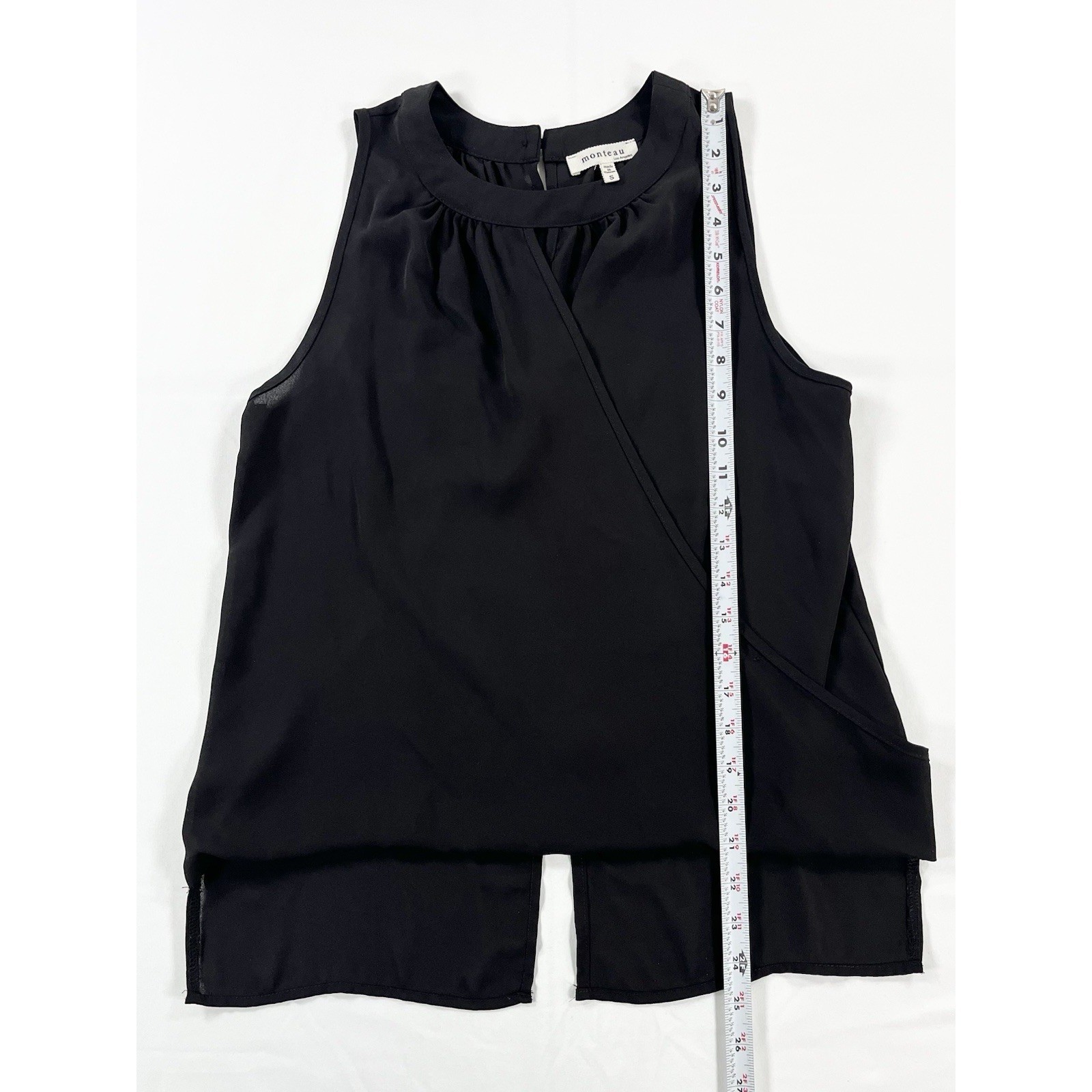 Monteau Blouse Womens S Black Sleeveless Faux Wrap Asymmetrical Hem Pleated Top