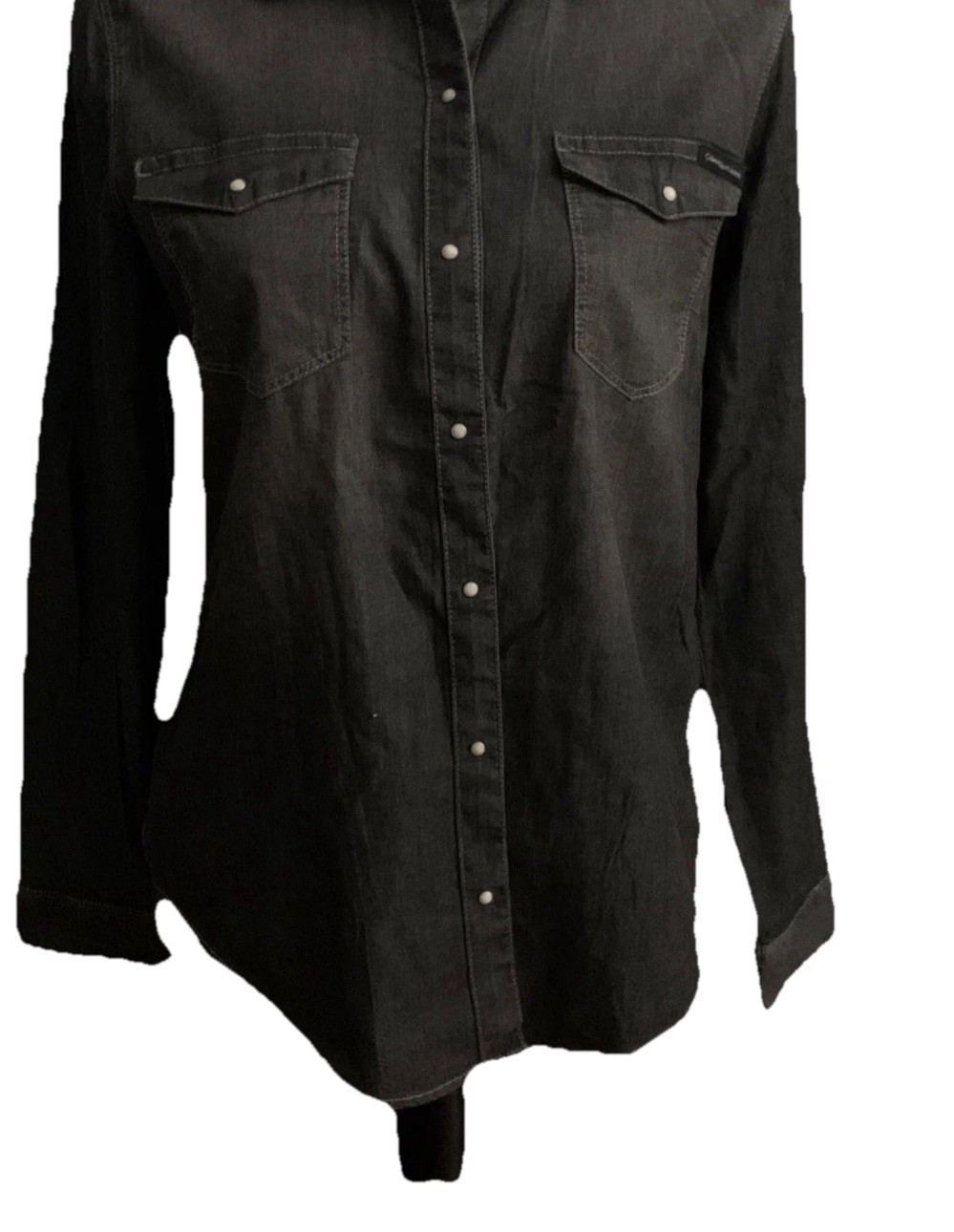 Calvin Klein Jeans Womens Gray Chambray Denim Shirt Pearl Snaps Size S Pockets