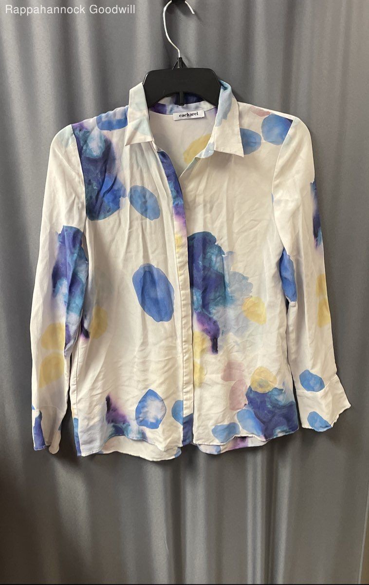 Cacharel Women’s White Multicolor Silk Watercolor Abstract Blouse Shirt Sz 36