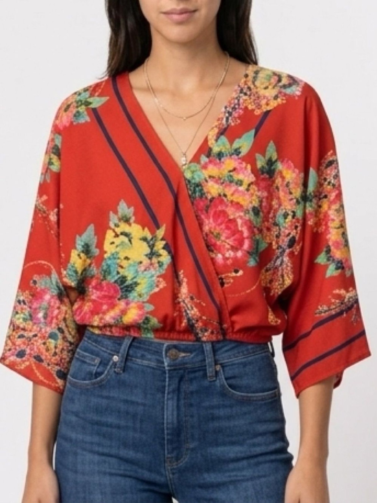 L Flying Tomato boho crop top, bold floral pattern, dolman sleeves, elastic hem