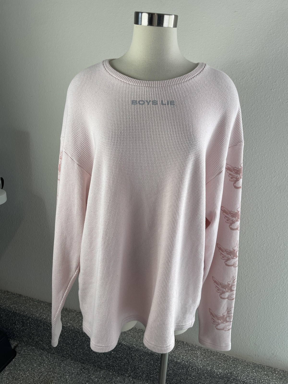 Boys Lie Shirt Womens One Size Pink Waffle Knit Cherub Graphic Top Long Sleeve