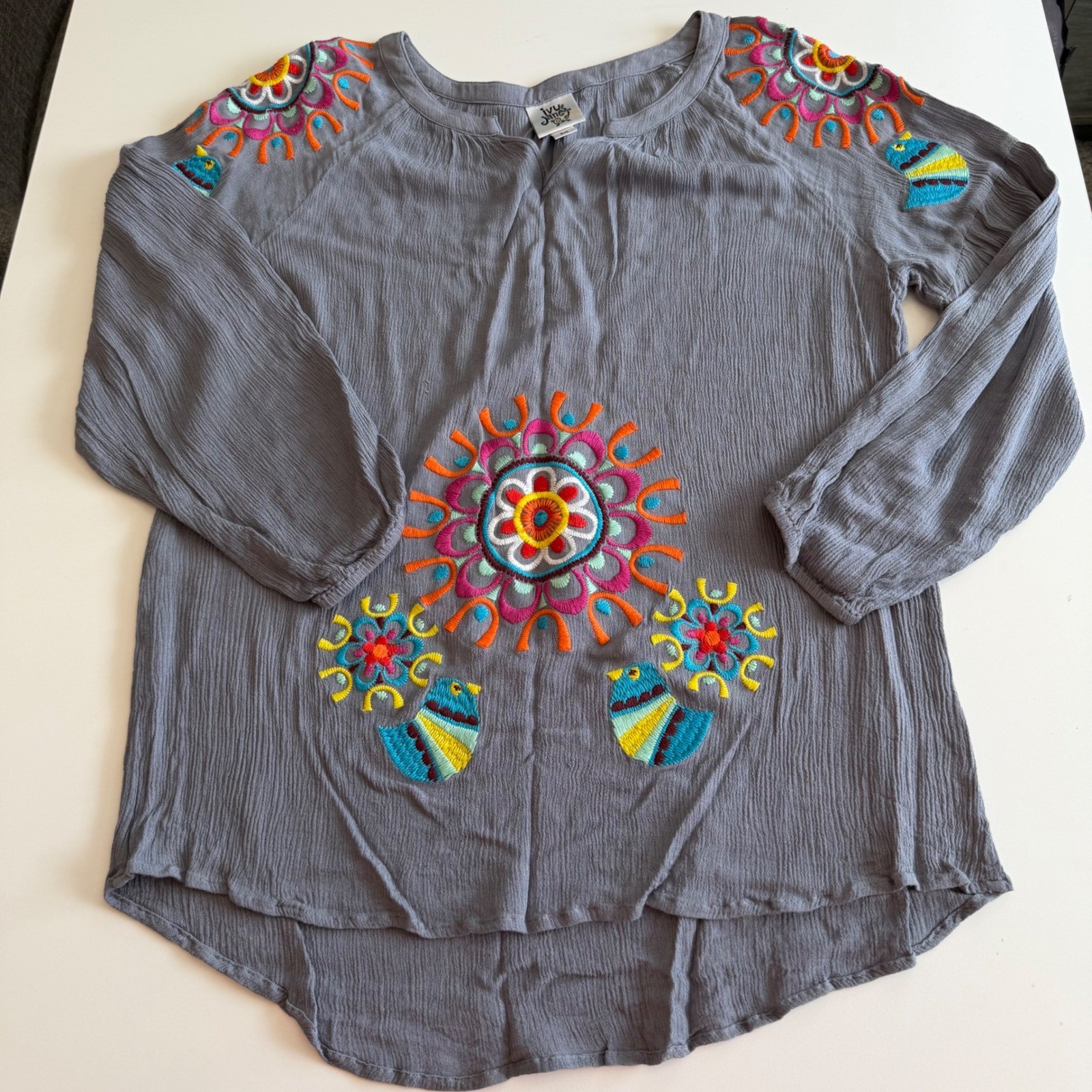 Ivy Jane Gray Embroidered Bird Sunburst Gauze Peasant Blouse Top Womens Medium