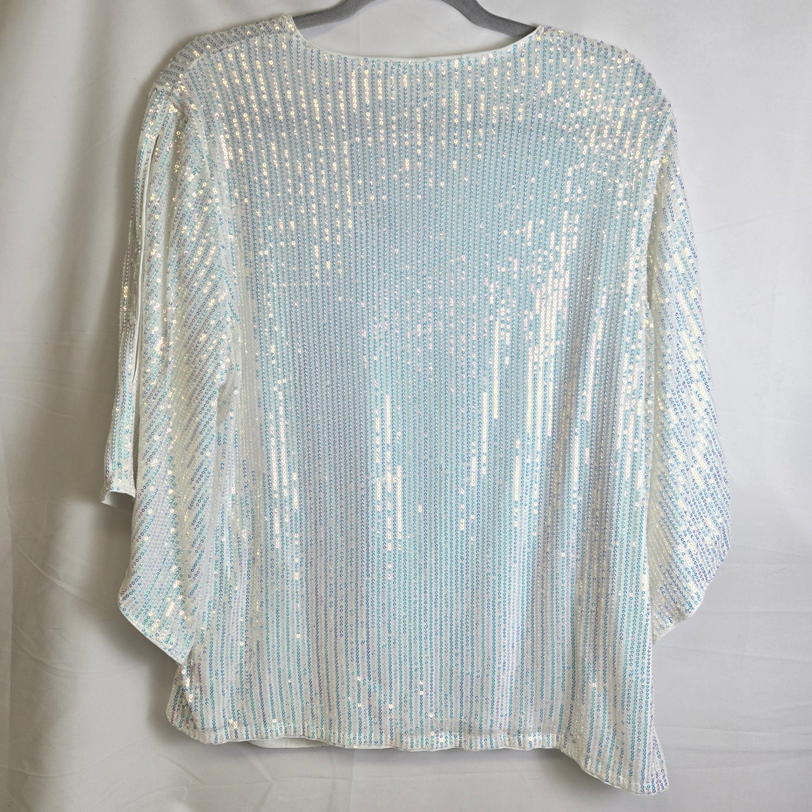 Grace Karin Sparkly Sequin Top 3/4 Bell Sleeves Surplice Neckline White Blue 2XL