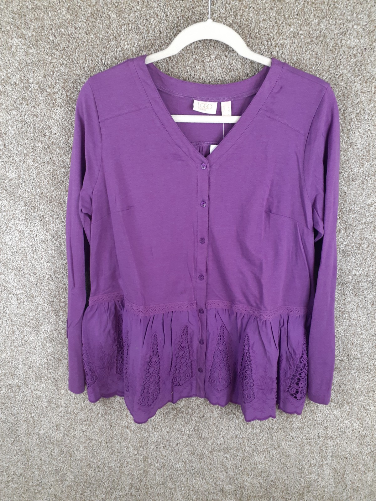 LOGO Lavish Peplum Eyelet Top Womens S Purple Knit Stretch V-Neck Boho NWT