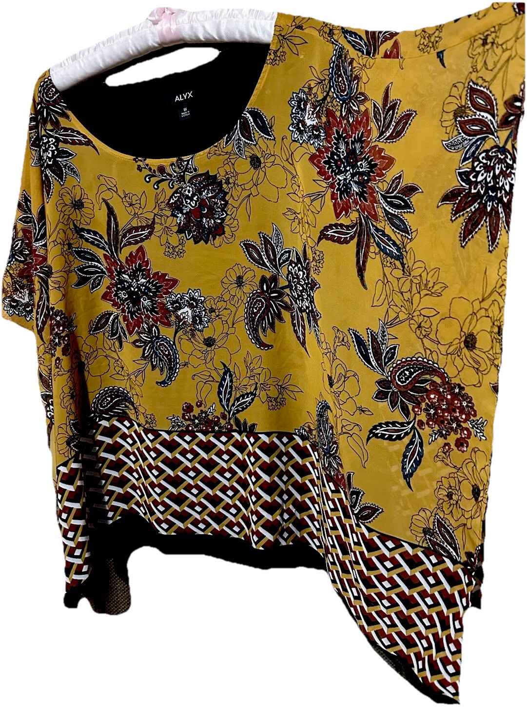 Alyx Top 1X Mustard Yellow Silky Floral Print Lined Boho Poncho Shirt Blouse 1XL