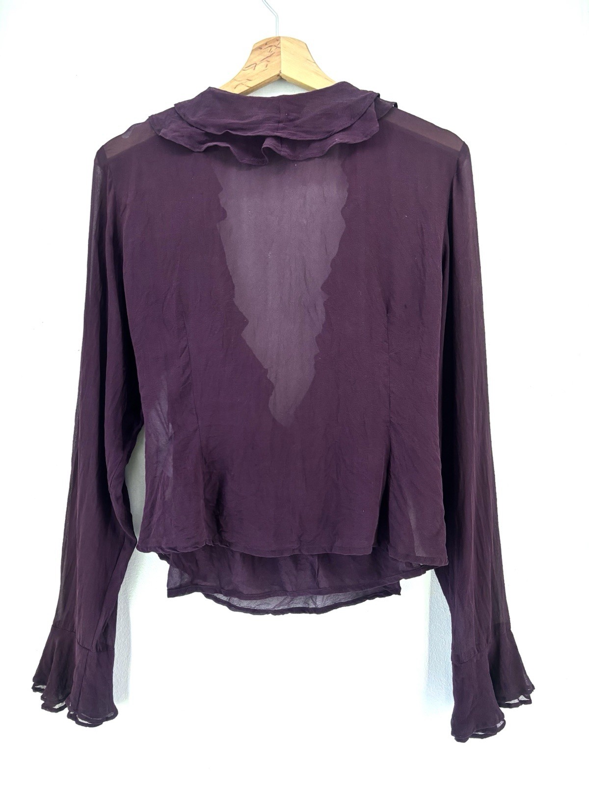 Monsoon Somen. 100% Silk Top Ruffle Blouse Flare Purple Light-weight Sz14 R1246
