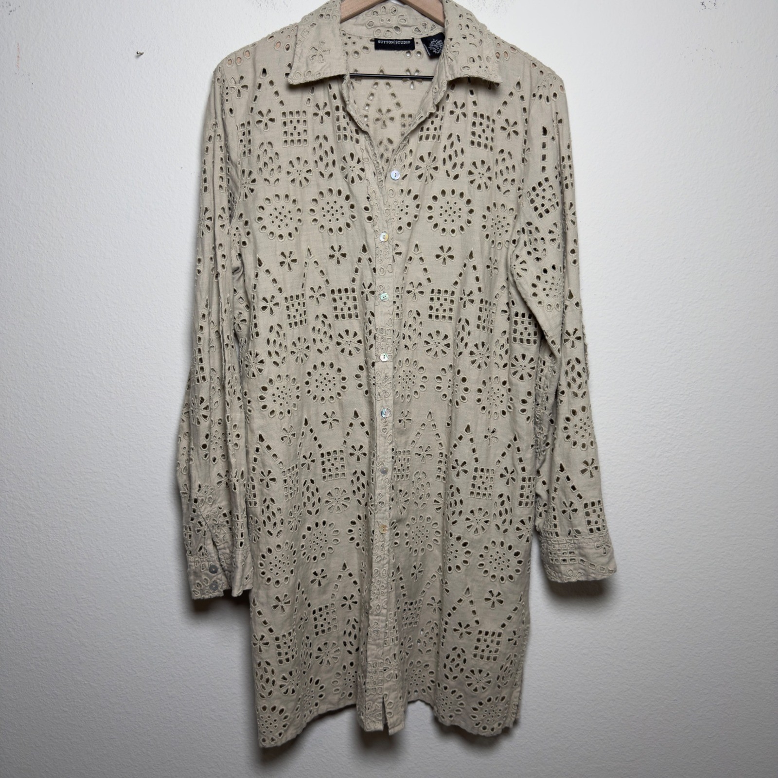 Sutton Studio Women 100% Linen Button Front Shirt Dress Beige Eyelet Tunic Sheer