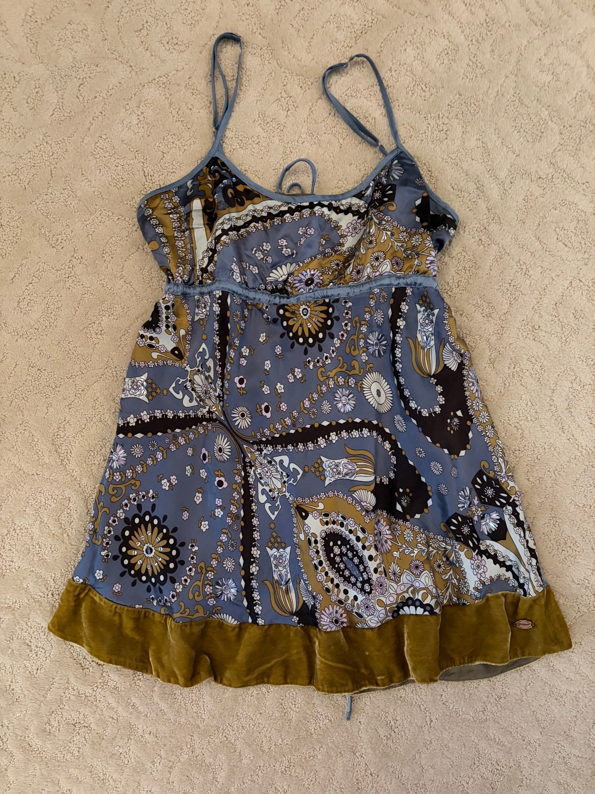 100% Silk Hale Bob Boho Y2K Paisley Babydoll Velvet Hem Cami Tie-Back Top