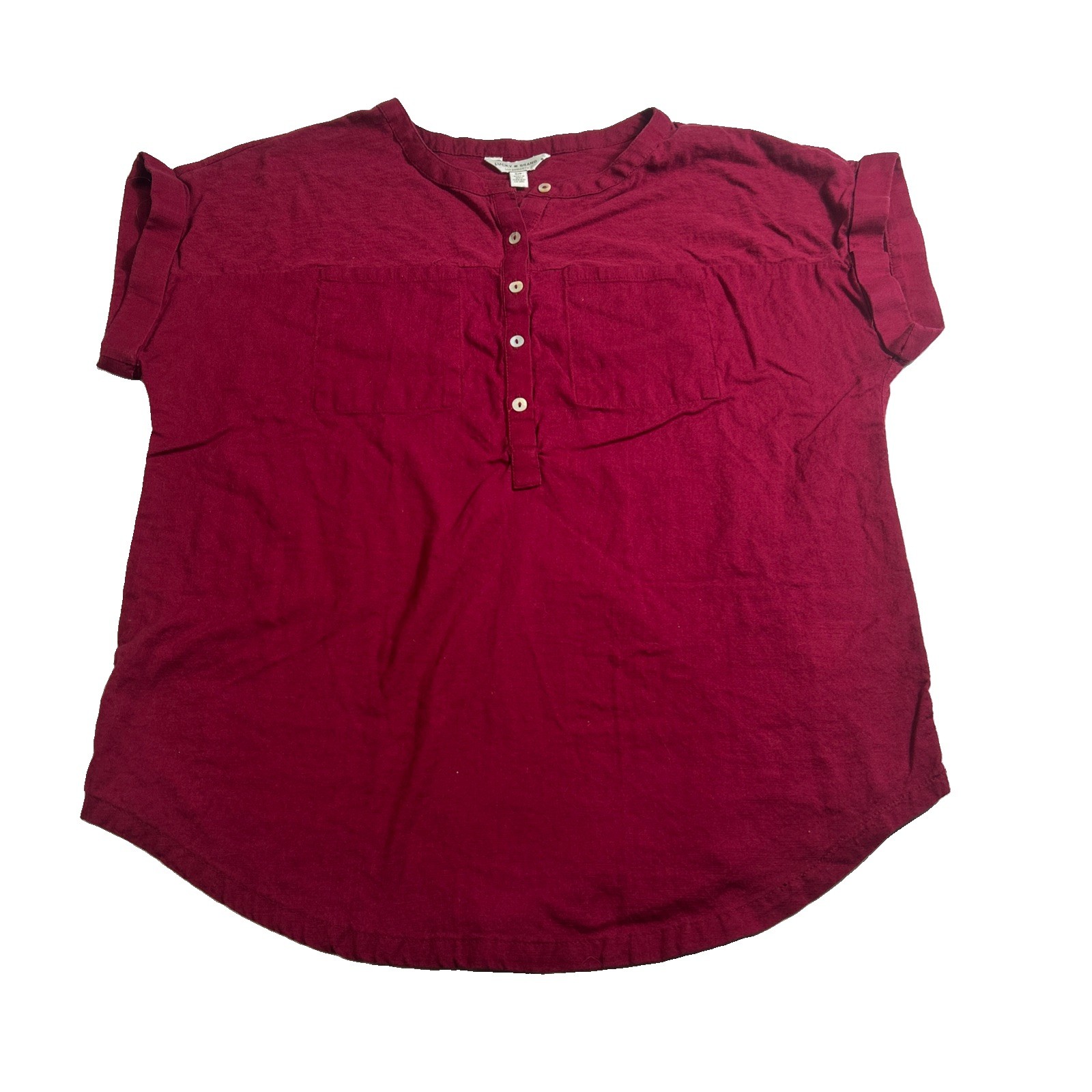 Lucky Brand Henley Top Womens Small Burgundy Short Cap Sleeve Popover Pocket