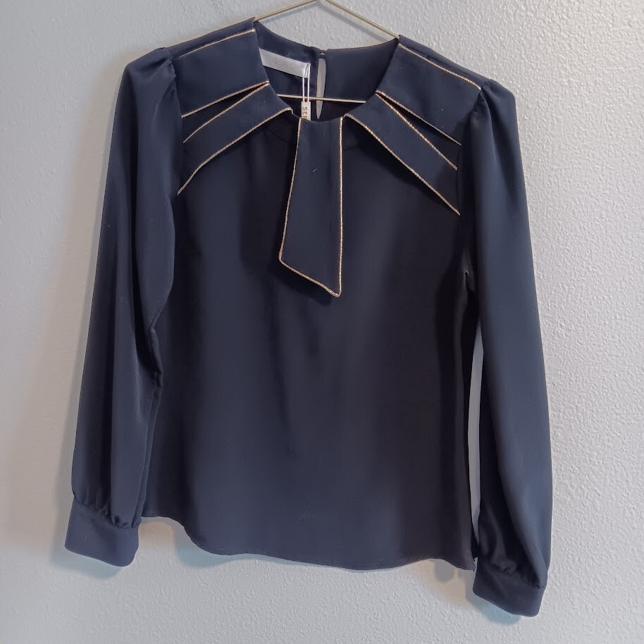 Seril Line Women’s Size 38 Small Long Sleeve Black Blouse Side Zip Turkey Gold