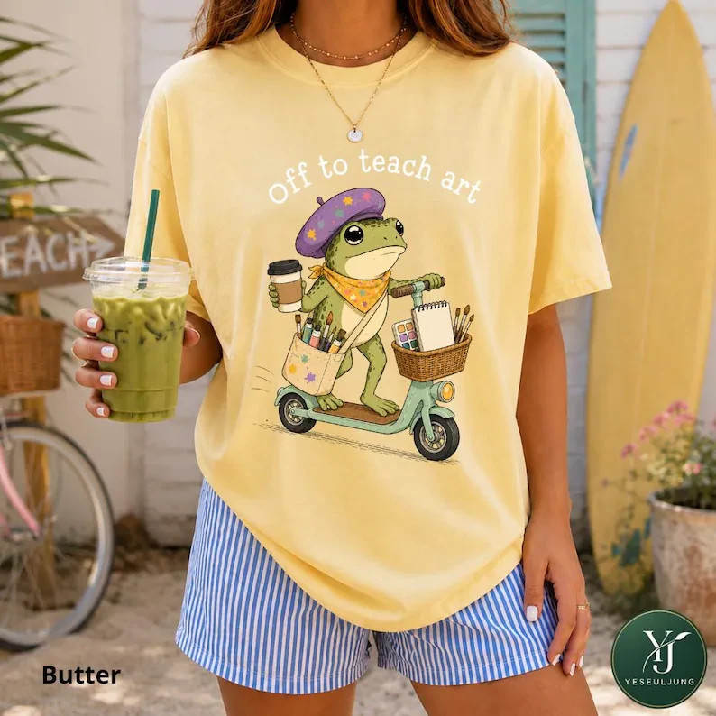Off to Teach Art T-Shirt Funny Frog Scooter Art Teacher Gift Gildan Tee