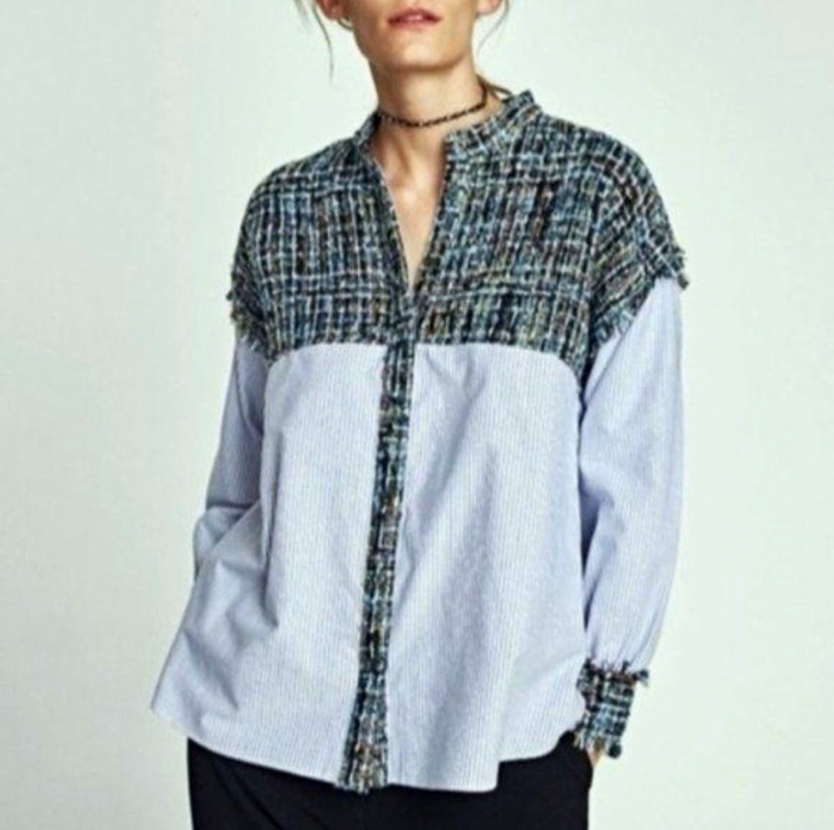 ZARA Basic Women’s Blue Striped Tweed Trim Button-Front Collared Blouse Sz L