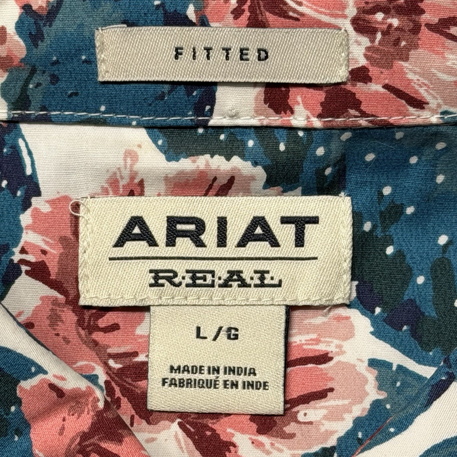 Ariat Real Womens L Fitted Cowgirl Western Shirt Button Up Blue Pink Cactus