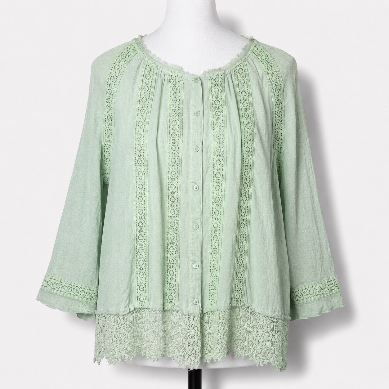LOGO Top Sz L Lavish Stillwater Green Button Up Scallop Lace Trim 3/4 Length Slv
