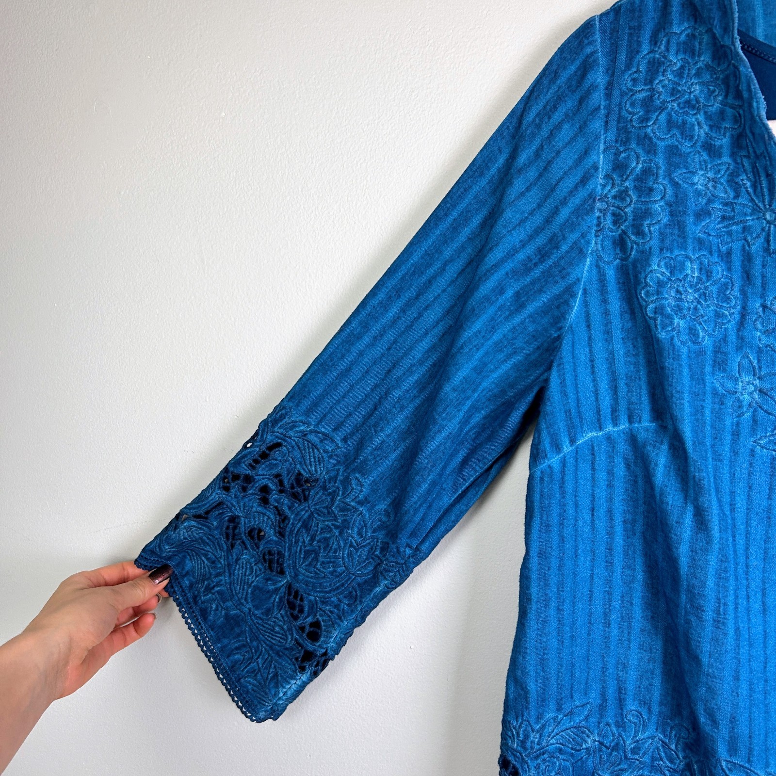 Soft Surroundings Esme Poseidon Blue Embroidered Lace Button Down Top w/ Tank S