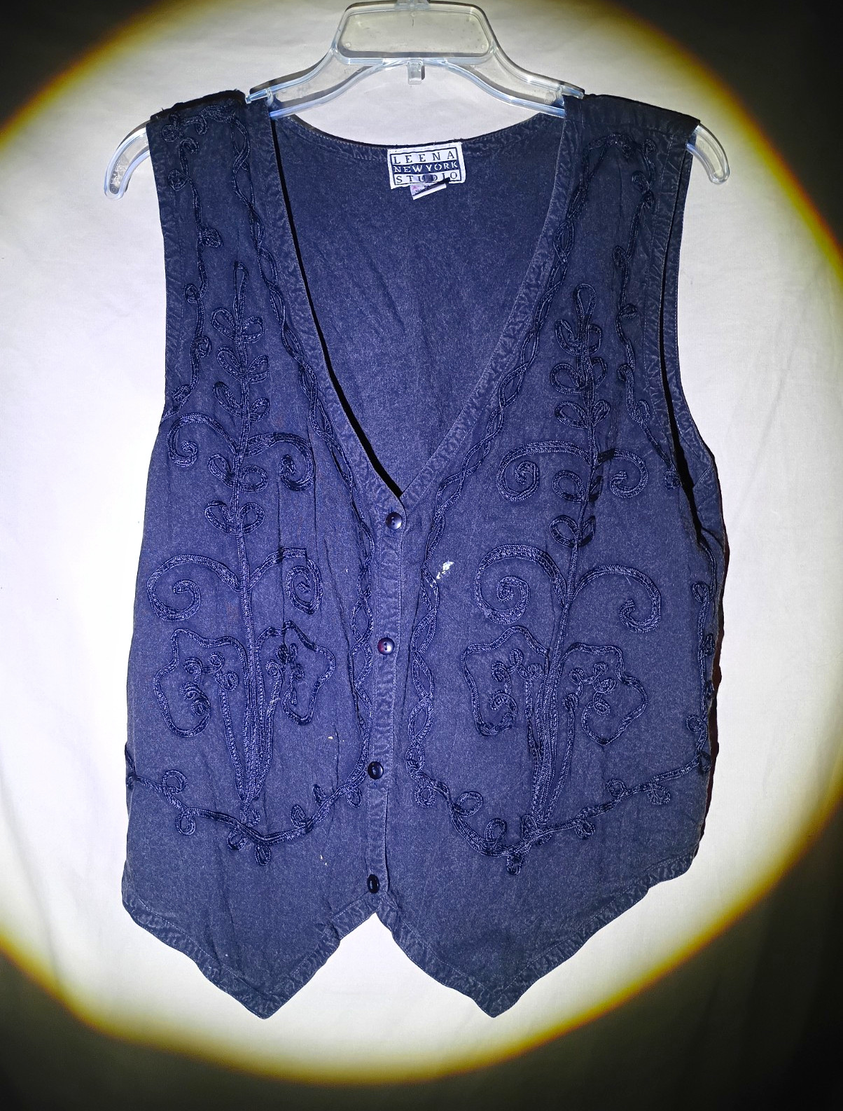 Leena New York Studio Black Embroidered Button Front V-Neck Rayon Vest M