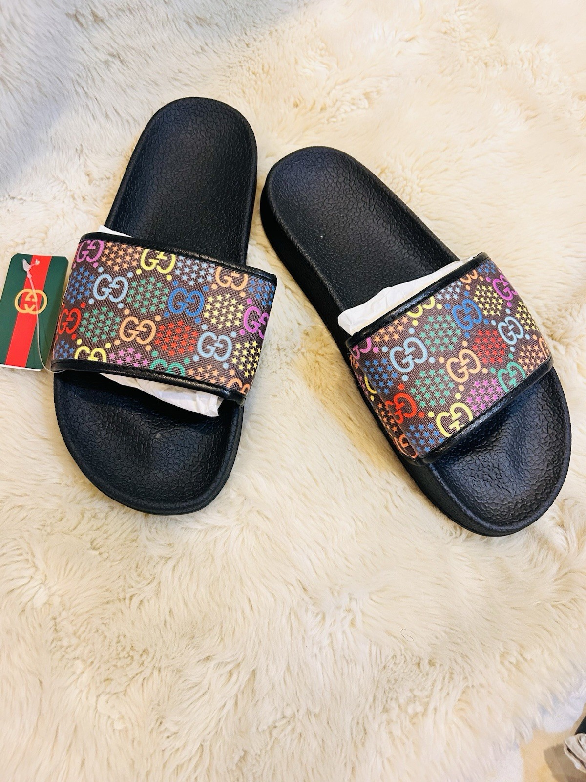 Black Slide Sandals women Multicolor Logo Strap Faux Leather Slip On US 10