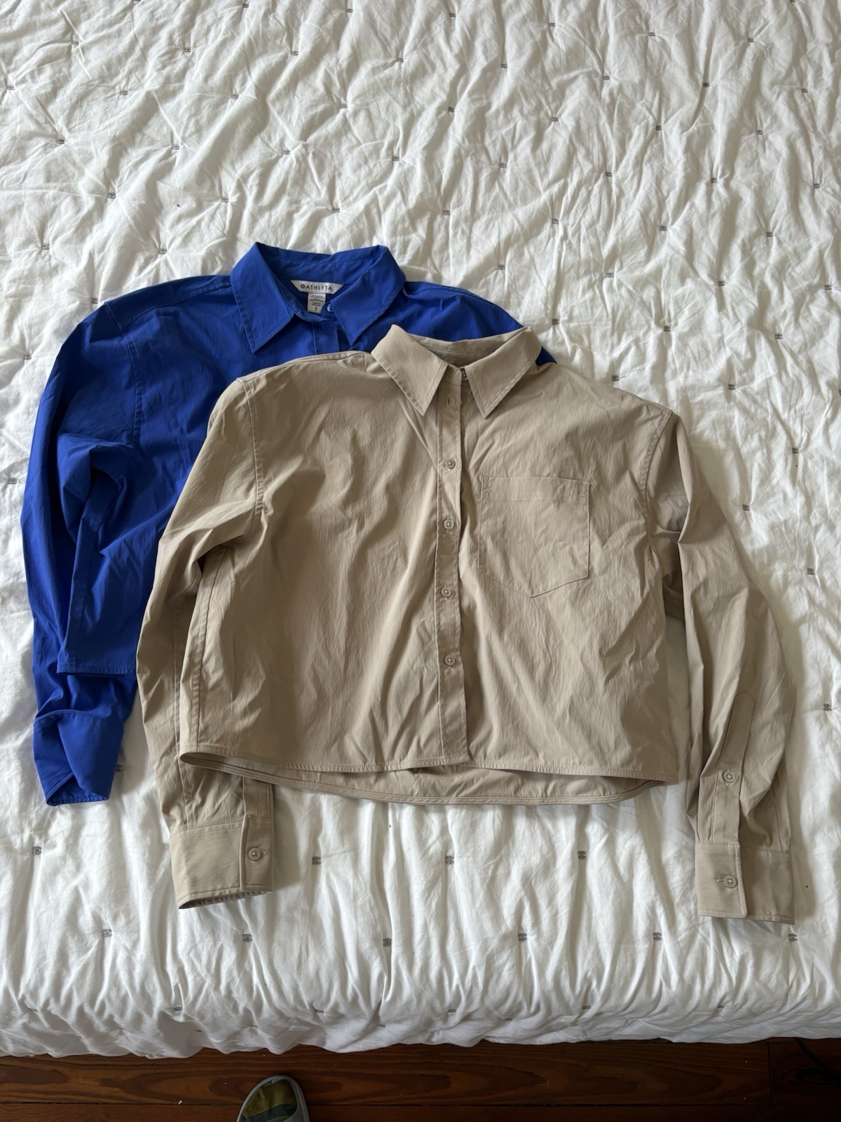 Athleta S/P Midday Cropped Poplin Shirt Varsity Blue Tan Small Bundle of TWO