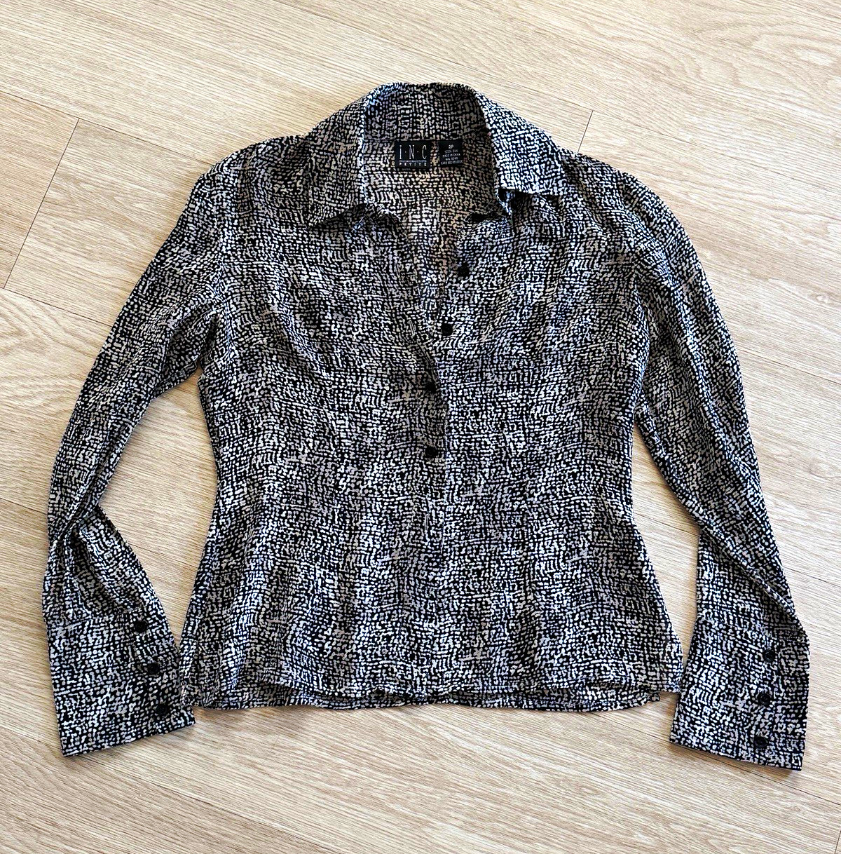 I.N.C. Petite 2P Black/Tan Silk Woven Abstract Button-Front Women’s Blouse