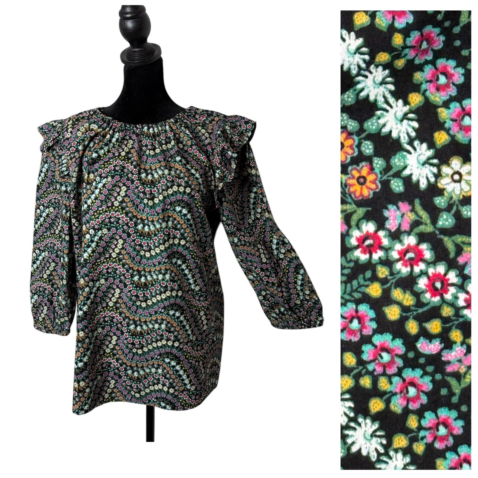 LOFT Ditsy Floral Print Tie Back Ruffle Top Size S Prairie Cotttagecore BOHO