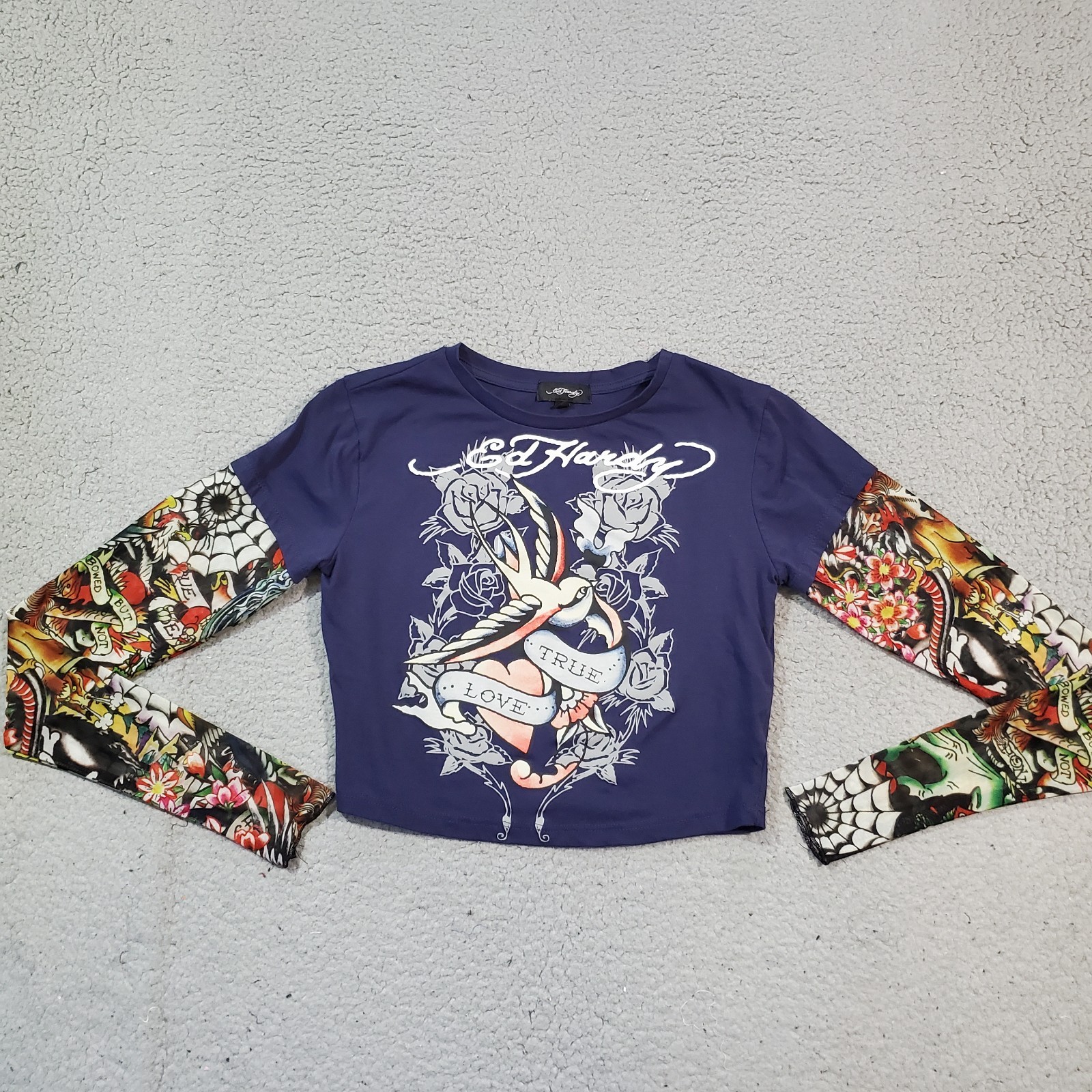 Ed Hardy Shirt Womens Small Blue Mesh Tattoo Sleeve Cropped Crop Top True Love