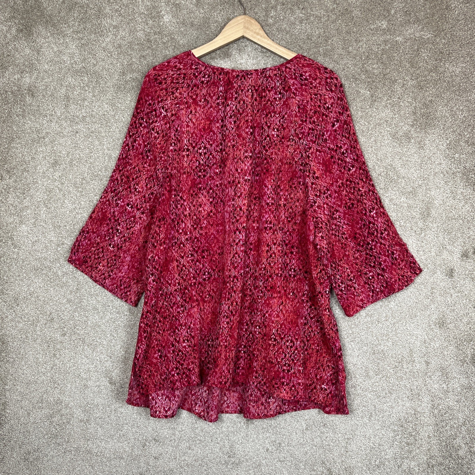 Catherines Blouse Womens 3X Pink Cotton Crinkle Pullover 3/4 Sleeve Tie- 4891