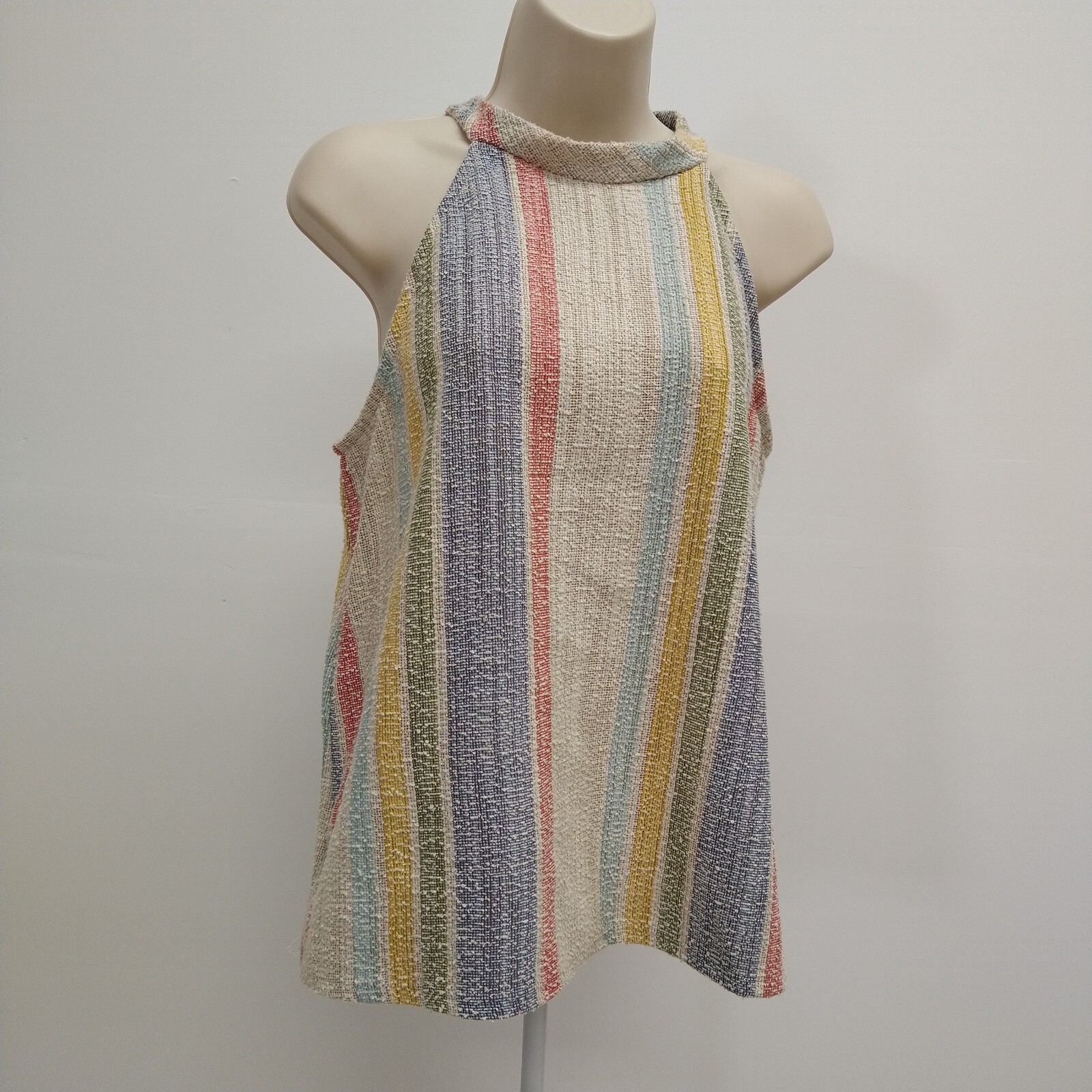 W5 Women’s TankTop White Blue Green Yellow Stripe Sleeveless Shirt Blouse Size M