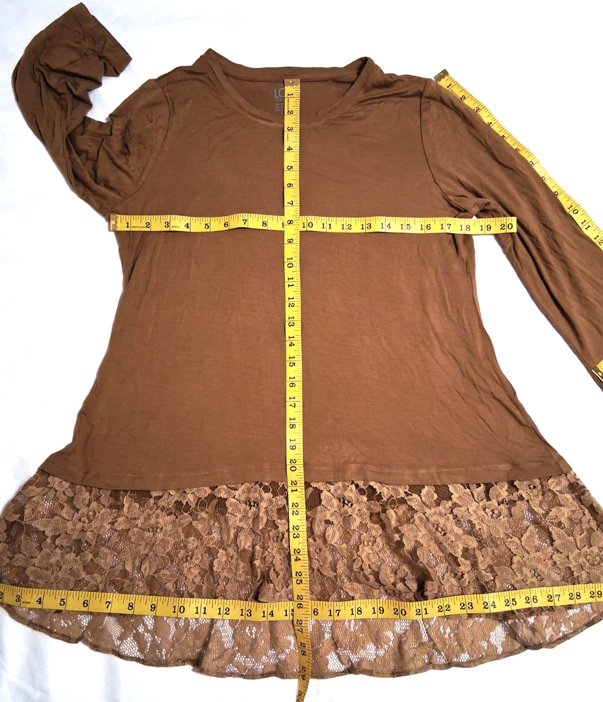 Lace Hem Tunic Top Shirt Sweater Womens Medium Gold Brown 3/4 Sleeve Fairy Boho