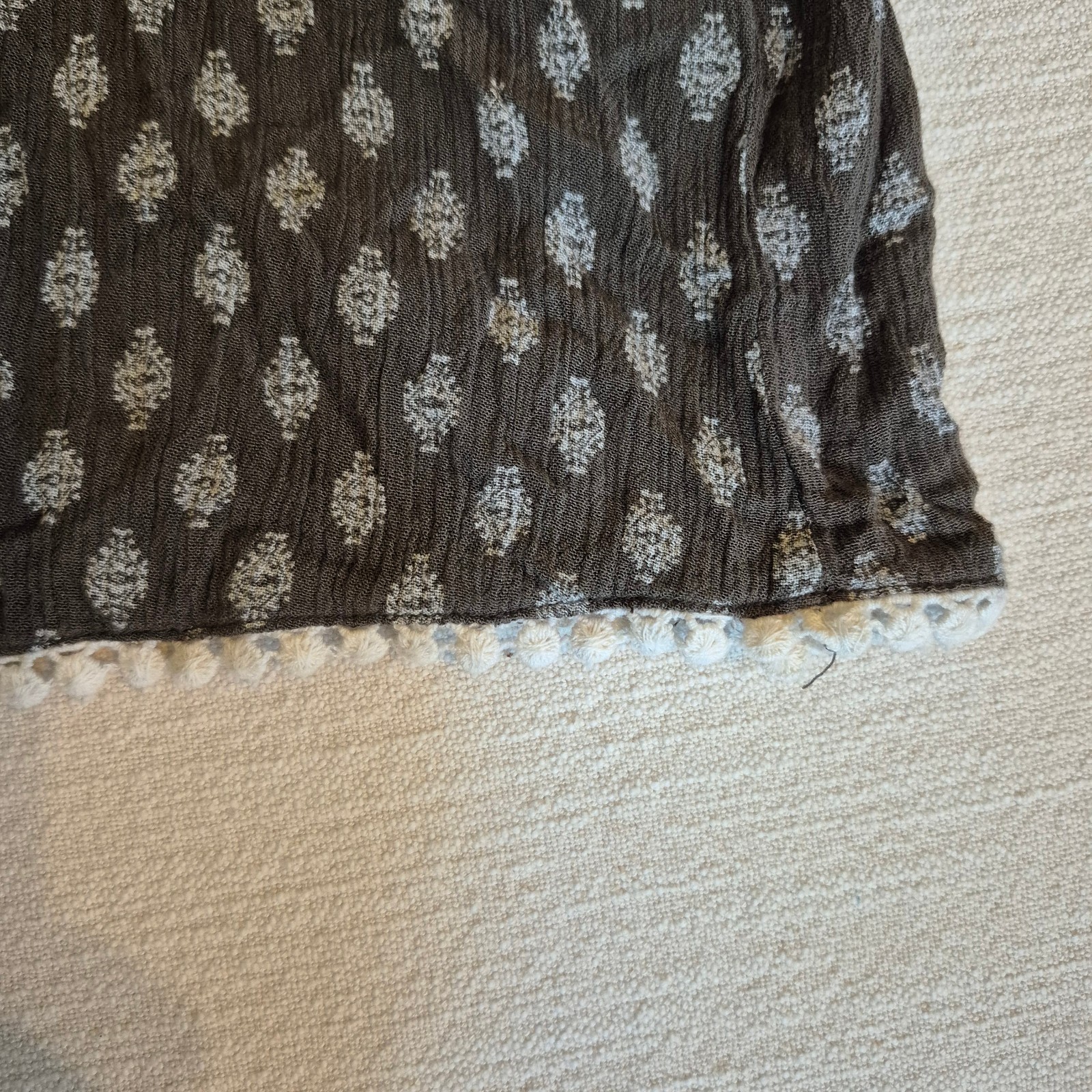 Women L Mixed Print Pom Pom Hem Top Boho Festival Coastal Grandmother Earthy