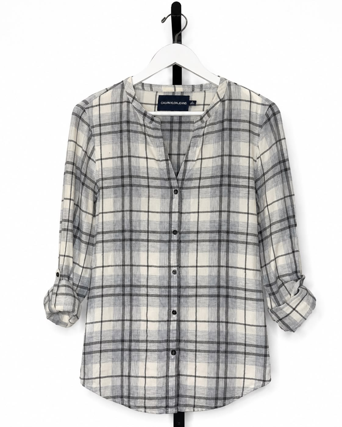 Calvin Klein Jeans Plaid Shirt Womens L Gray White Roll Tab 100% Cotton