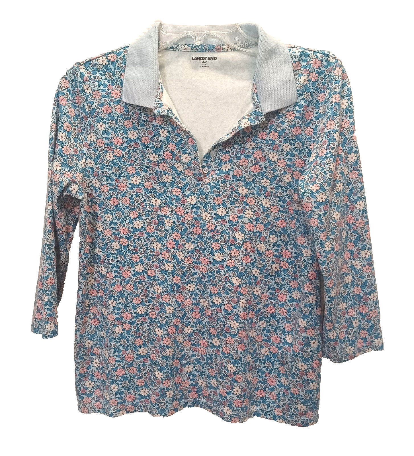 Lands’ End Womens Mp 10-12 Cotton Blue Pink White Floral 3/4 Sleeve Collared Top