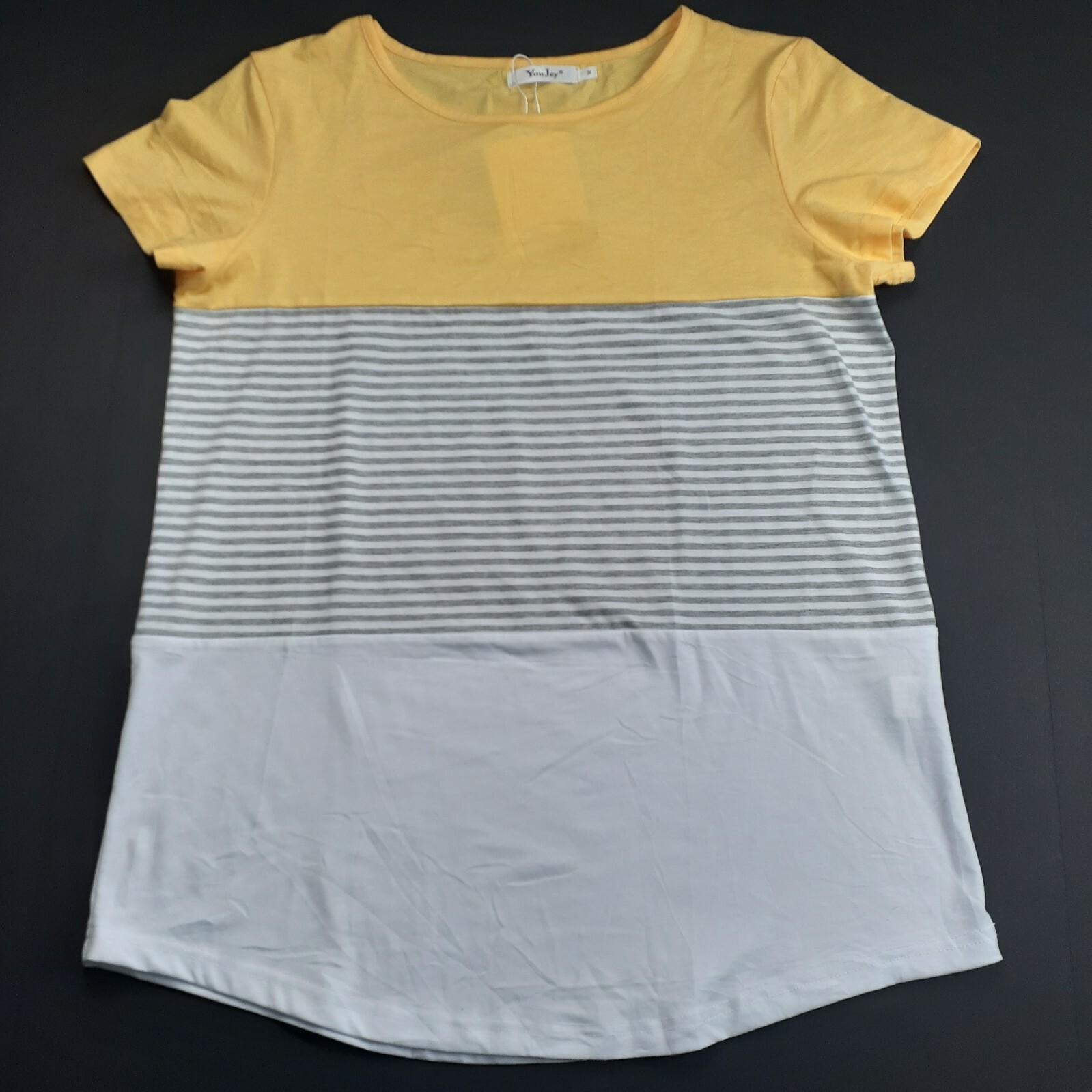 YunJey Womens Color Block T-Shirt Size Medium Yellow White Gray Stripes Top