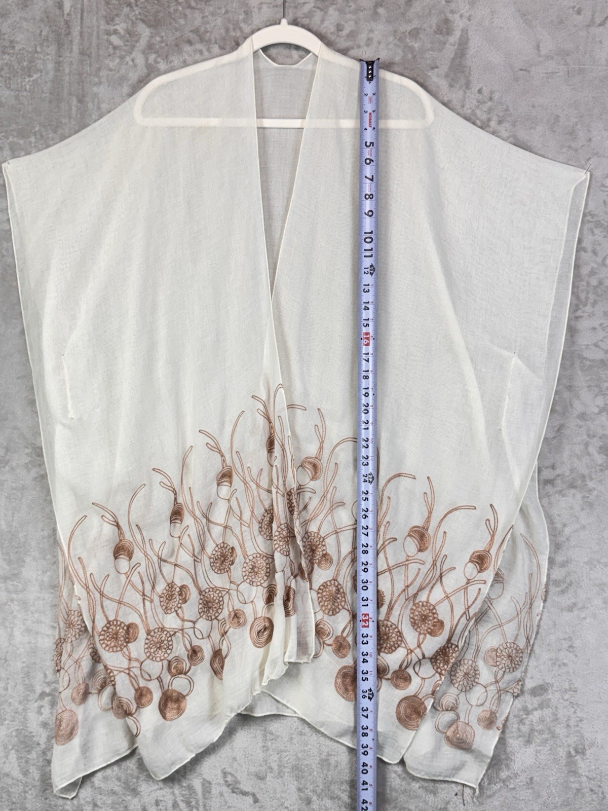 Boho Kimono One Size Cream Embroidered Flowers Lightweight Coverup