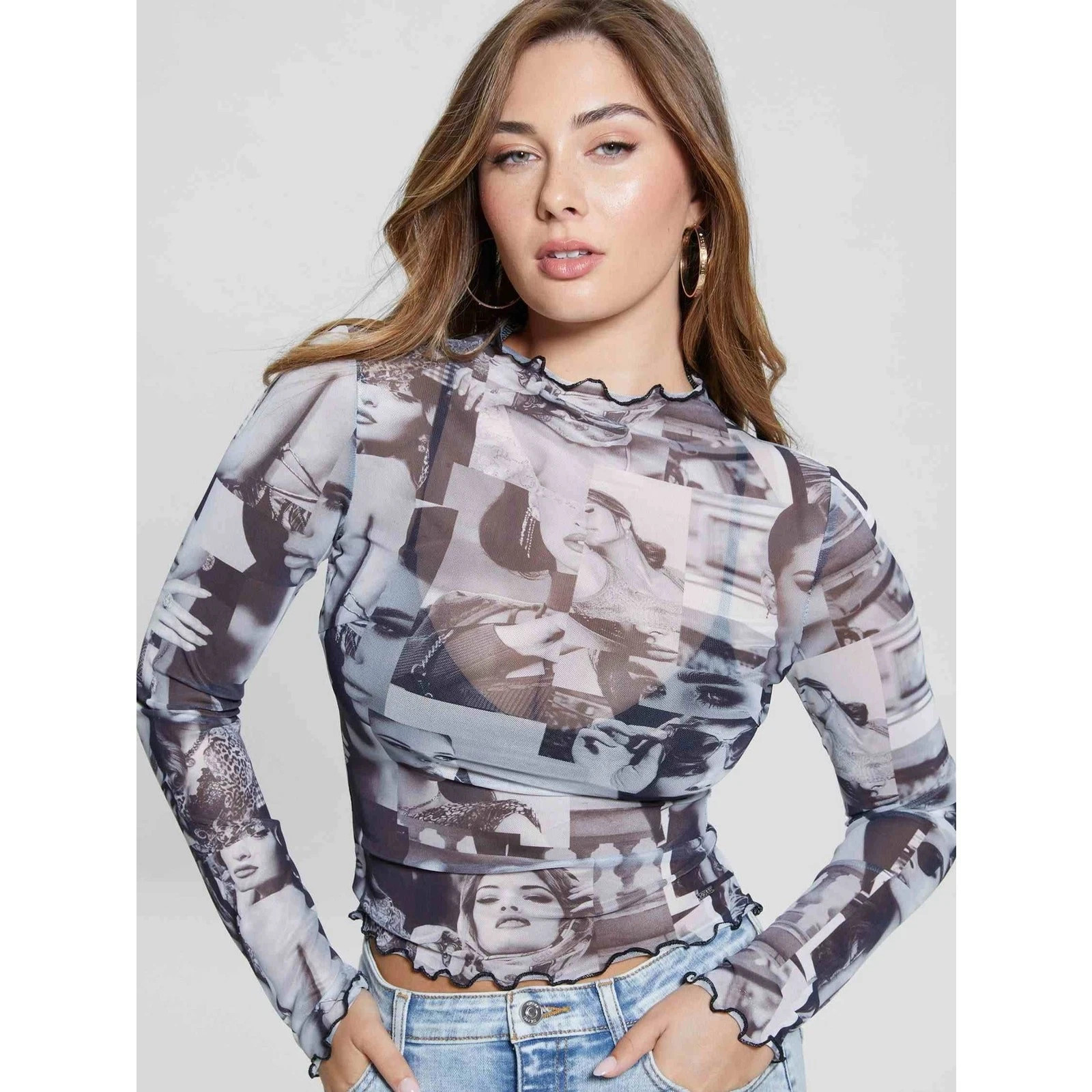 GUESS Adriana Iconic Collage Photo Print Mesh Long Slv Sheer Top Sz M