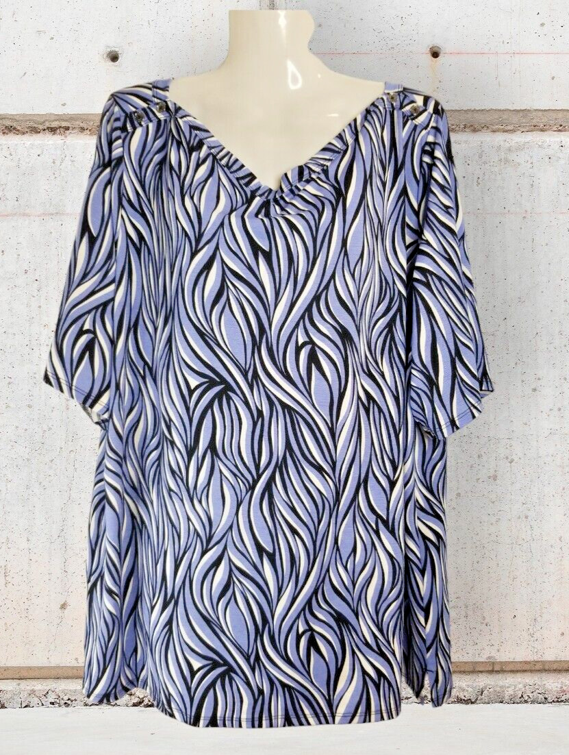 Jones NY Signature Women’s Top Geometric Shoulder Buttons Blue Size XXL