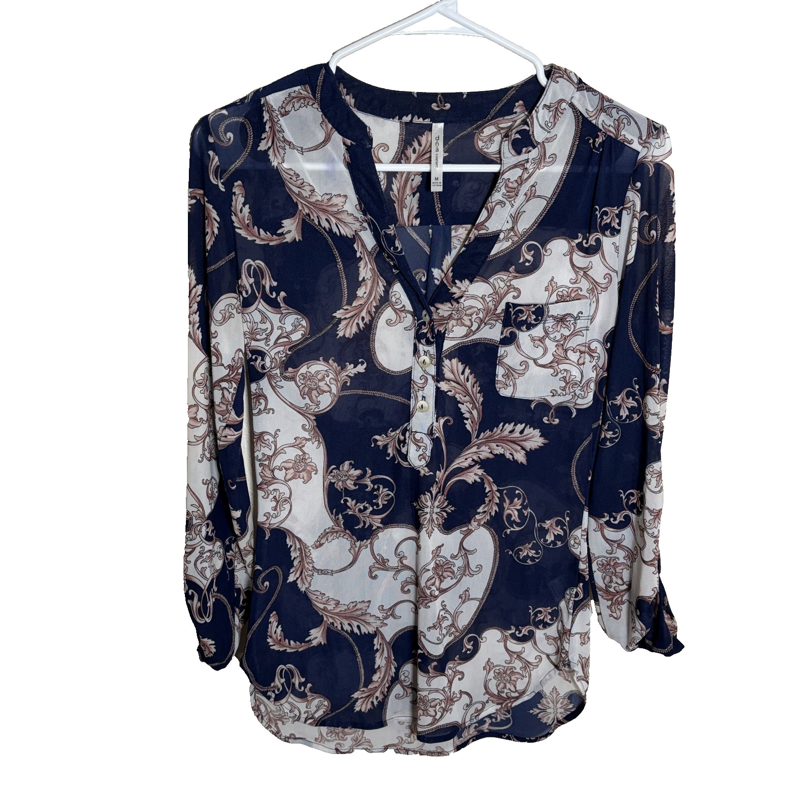DNA Blouse Women’s Medium V-Neck Popover 3/4 Sleeve Sheer Lightweight Top