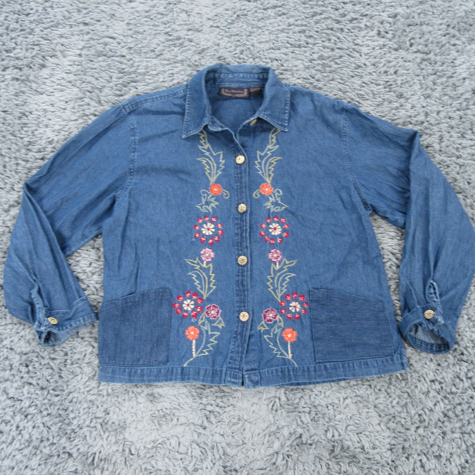 New Directions Shirt Women L Blue Cotton Lightweight Denim Button Floral Pockets