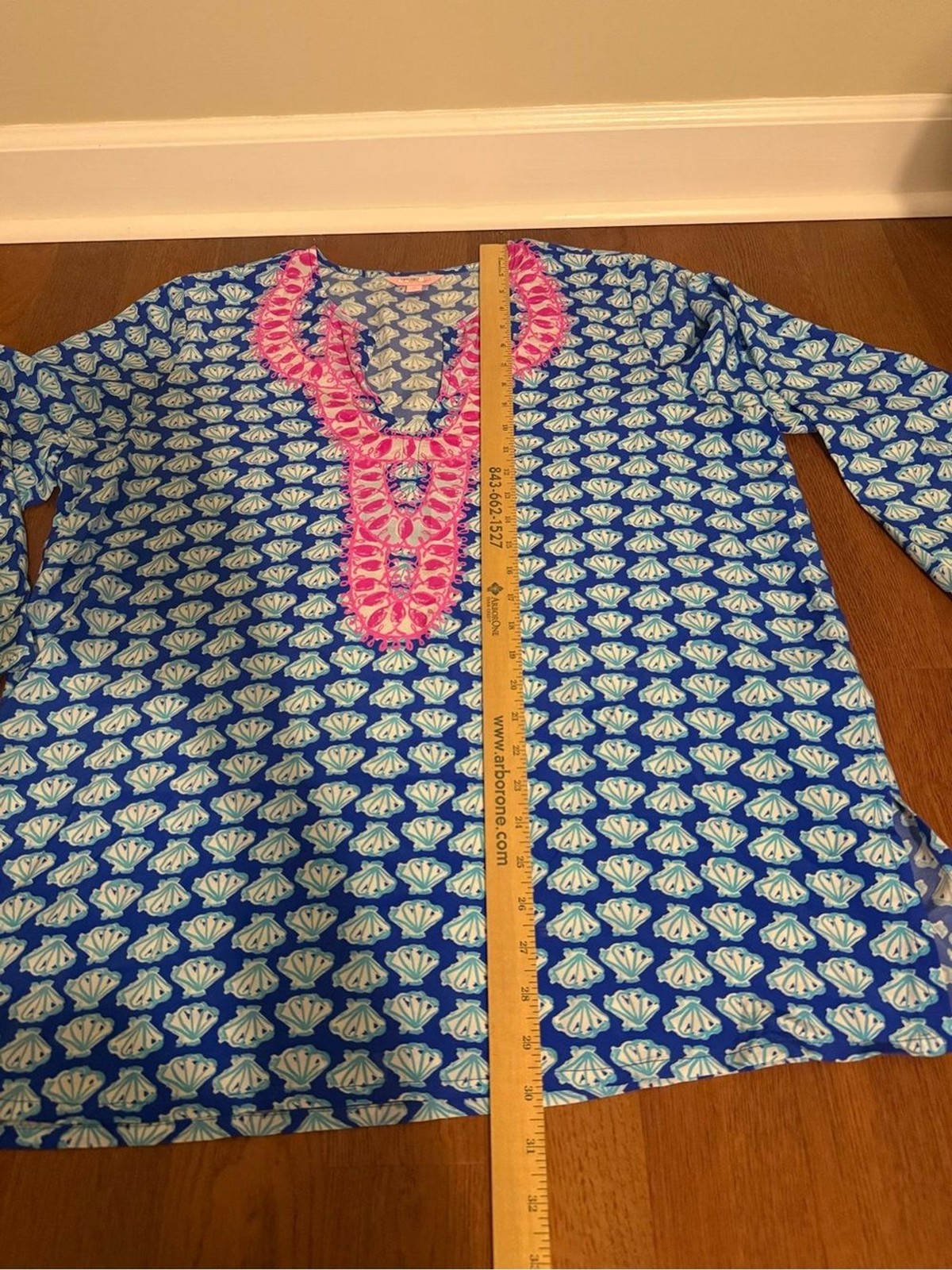 Lilly Pulitzer Renato Silk Tunic Blouse Blue Shell Print Pink Trim XL