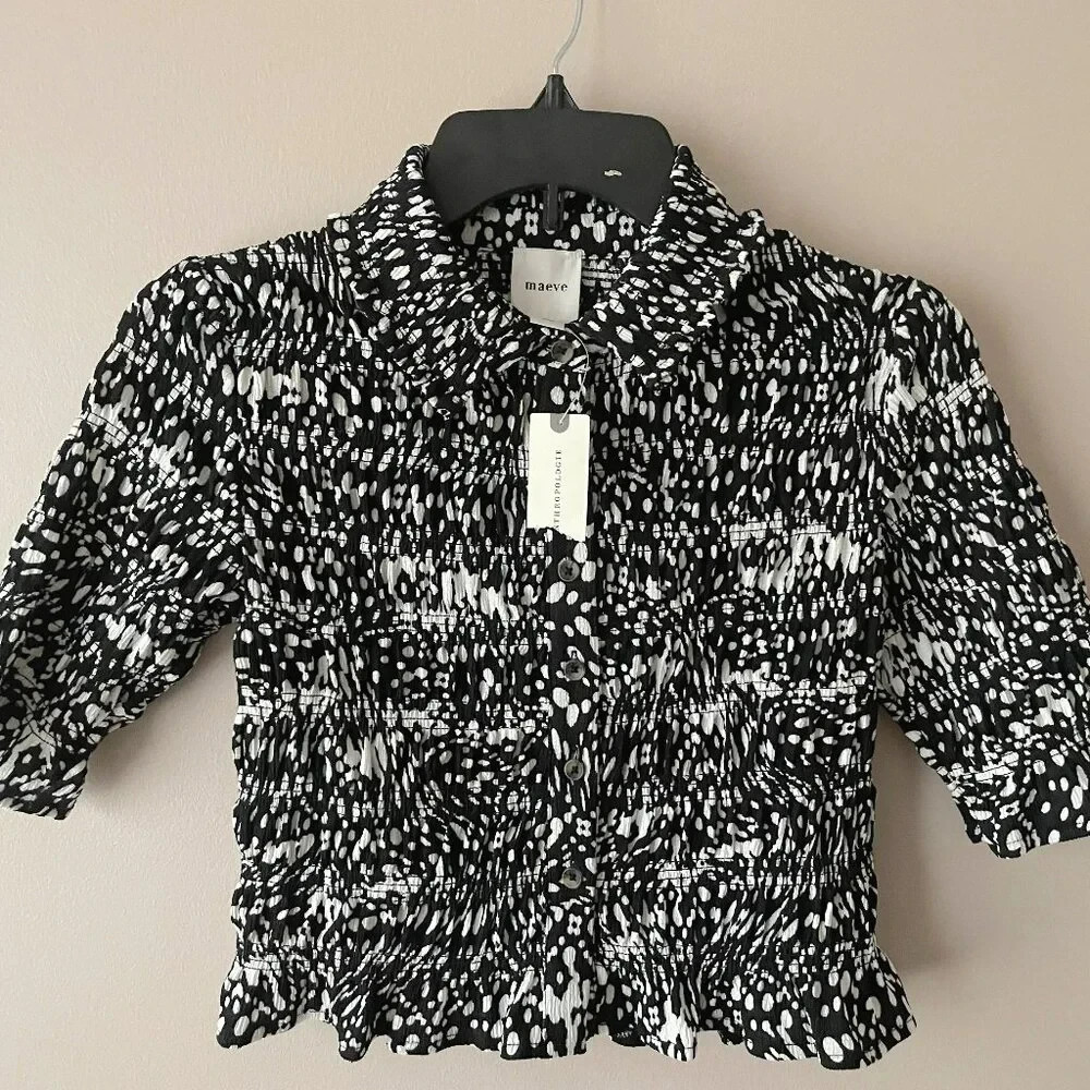 Maeve Smocked RUFFLE Button-Front Top by Anthropologie Black & White Blouse NWT