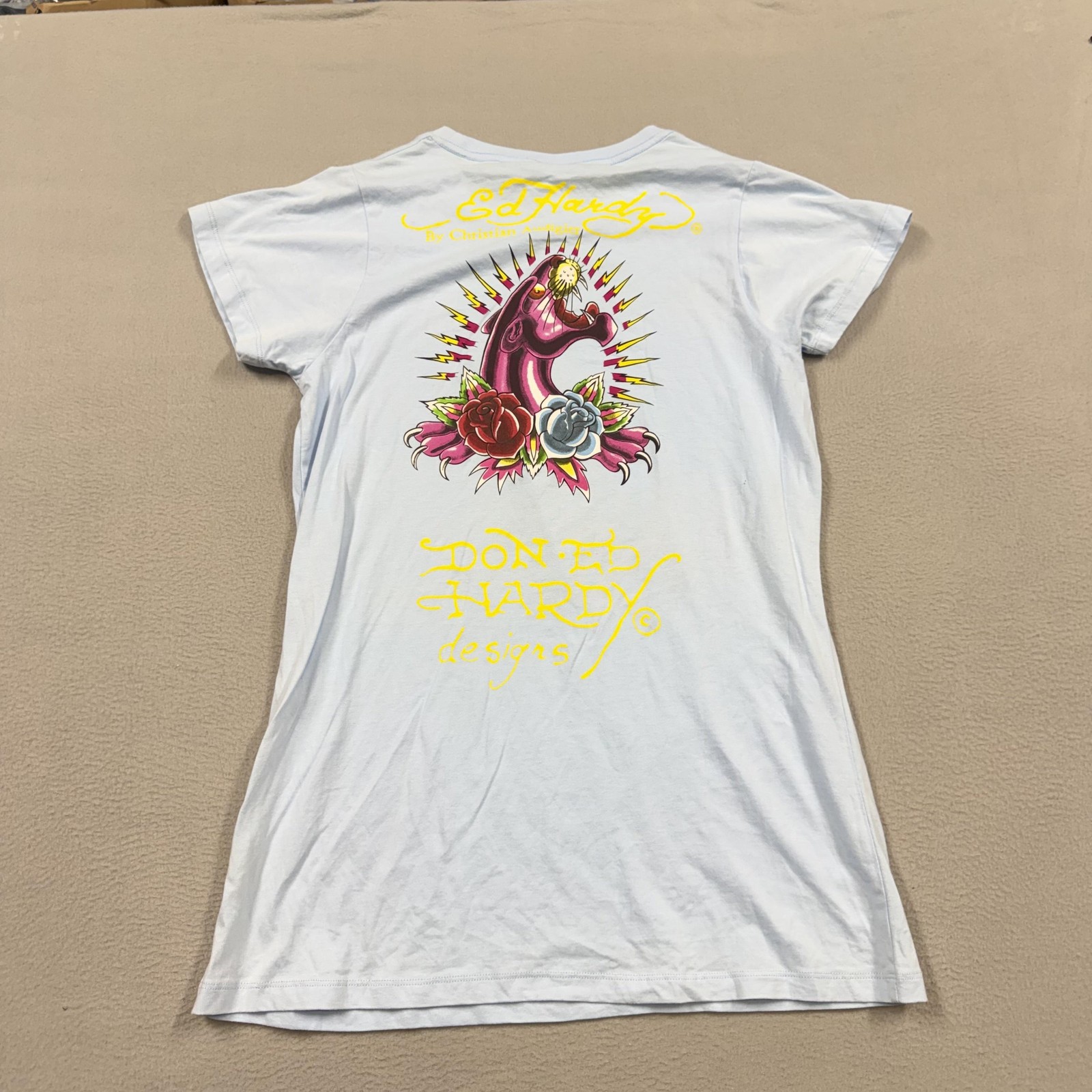 Ed Hardy Shirt Womens XXL Blue Rhinestone Tattoo Graphic Double Sided Tee Y2k