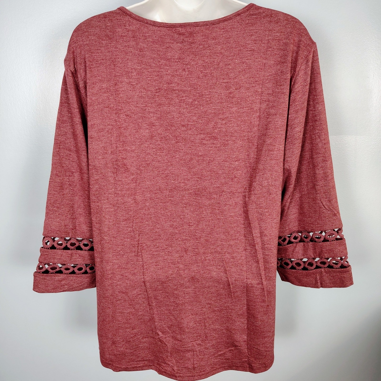 Womens Wine Red Heathered V-Neck Top Crochet Lace 3/4 Sleeve Large NWT Boho