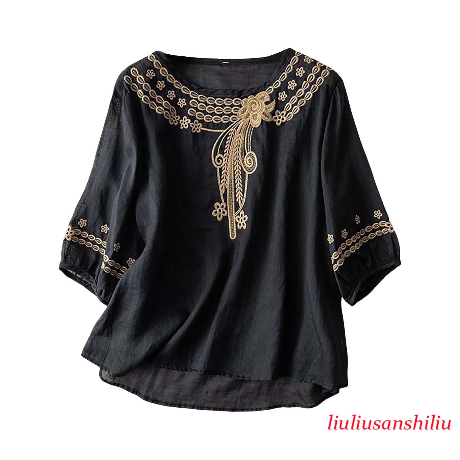 Women’s Cotton Linen Tunic Top Shirt Summer Casual Baggy Plain Blouse Plus Size