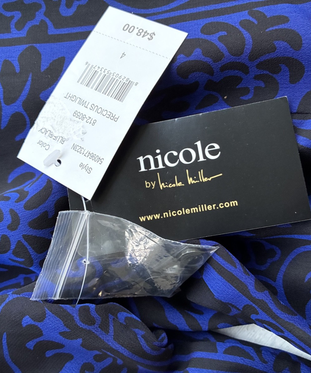 Nicole Miller Blouse Blue&Black Sheer w/Camisole Long Sleeves Button Up NWT